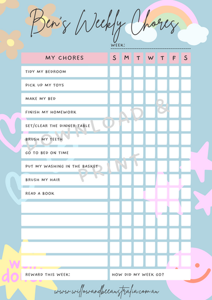 Kids Chore Chart Blue PDF Printable Template
