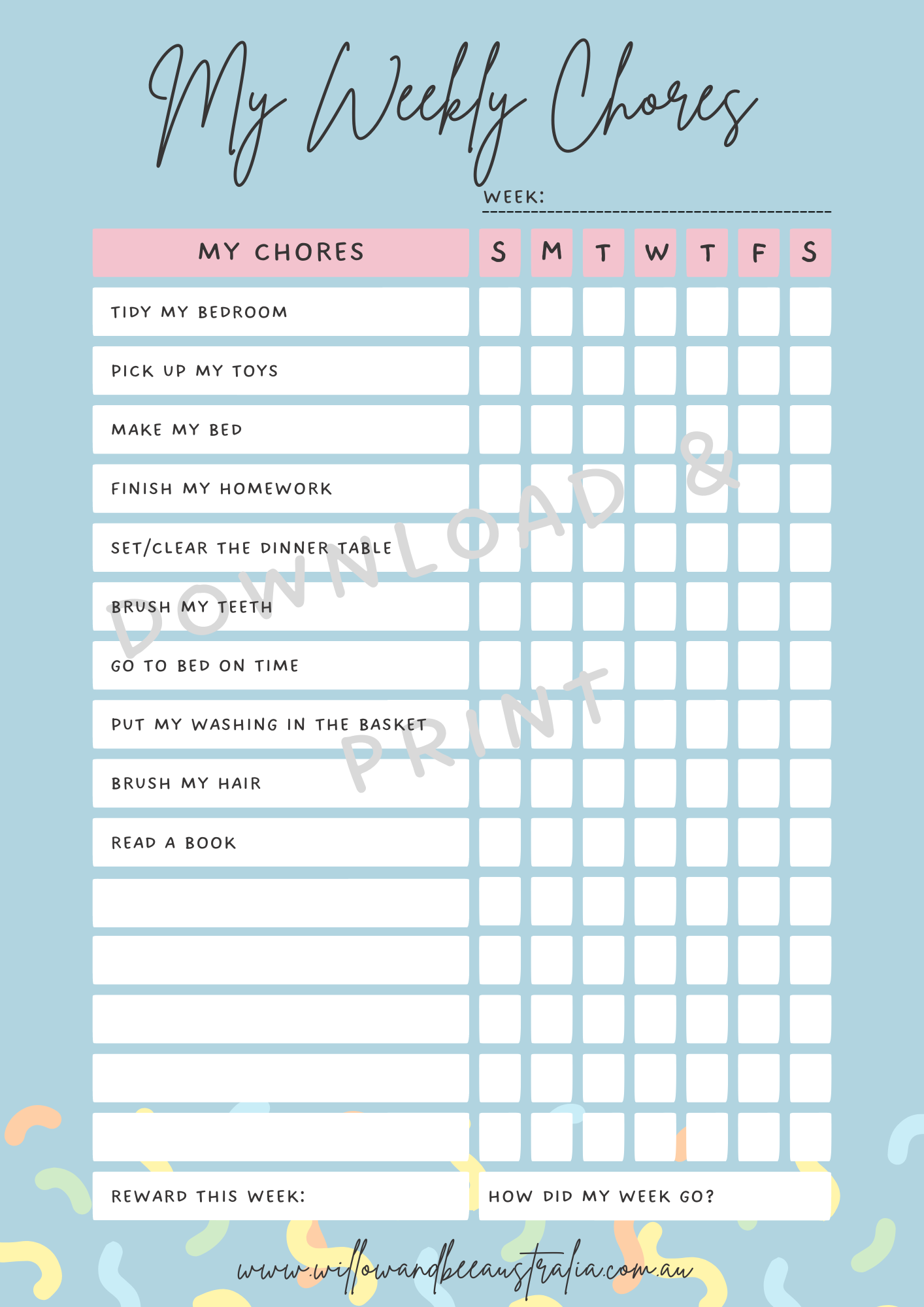 Kids Chore Chart Simple Blue PDF Printable Template